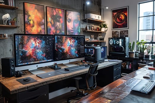 Sleek digital art studio with advanced equipment and clean design