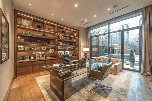 Sleek home office with a glass desk and minimalist shelving