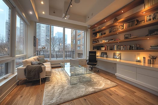 Sleek home office with a glass desk and minimalist shelving