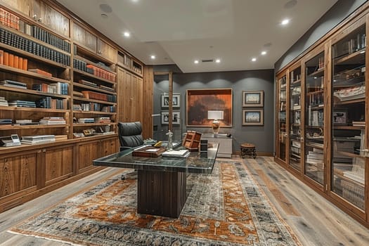 Sleek home office with a glass desk and minimalist shelving