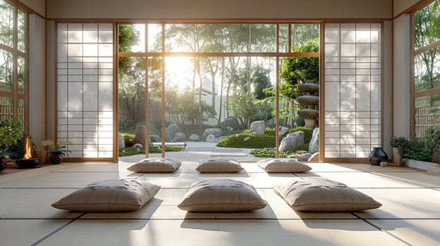 Traditional Japanese tea room with tatami flooring and shoji screens