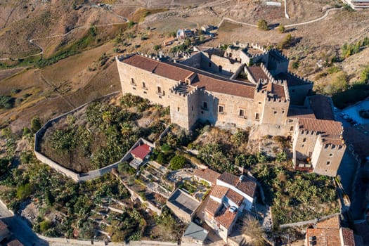 Aerial view of impressive Norman castle and surrounding countryside. Caccamo, Sicily, Italy. 