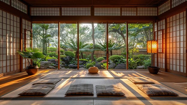 Traditional Japanese tea room with tatami flooring and shoji screens
