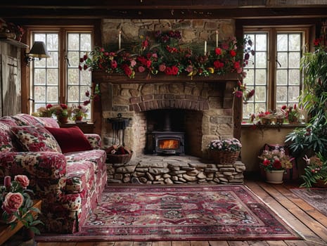Traditional English cottage living room with floral patterns and cozy fireplace