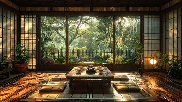 Traditional Japanese tea room with tatami flooring and shoji screens