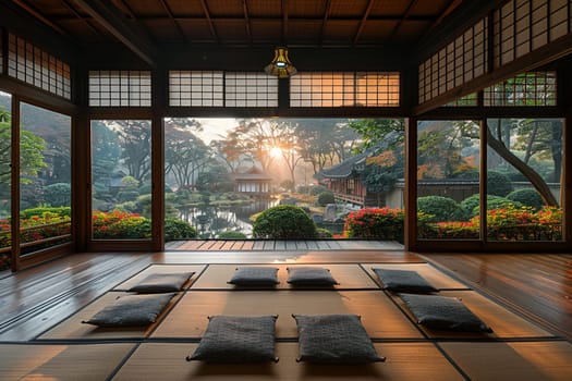 Traditional tea house with wooden architecture and peaceful garden views