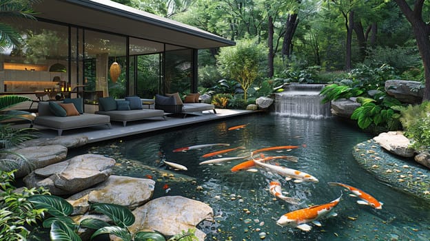 Tranquil koi pond with a surrounding sitting area and lush landscaping