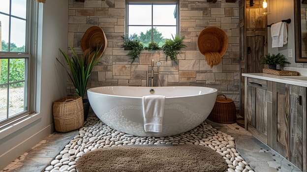 Tranquil spa-like bathroom with a freestanding tub and natural stone tiles