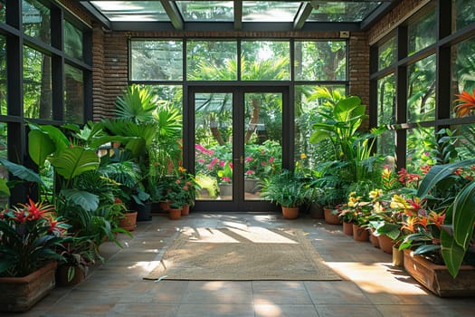 Tropical conservatory with exotic plants and a glass roof