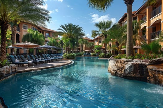 Tropical resort pool area with cabanas and a swim-up bar