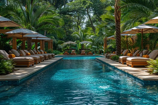 Tropical resort pool area with cabanas and a swim-up bar