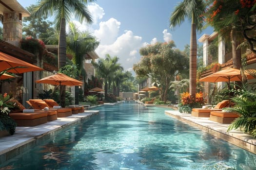 Tropical resort pool area with cabanas and a swim-up bar
