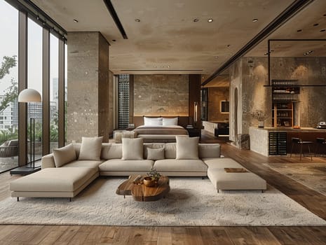 Understated luxury hotel suite with subtle textures and neutral tones