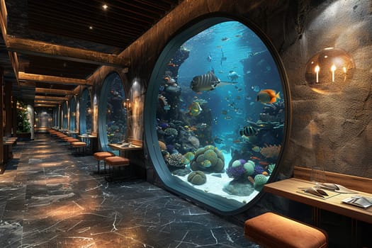 Underwater-themed restaurant with aquarium walls and marine decor