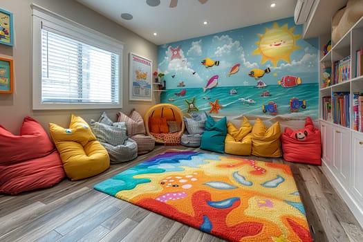 Vibrant playroom with wall murals and creative storage solutions