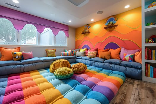 Vibrant playroom with wall murals and creative storage solutions