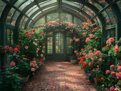 Victorian greenhouse with a collection of exotic plants and flowers