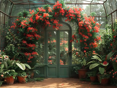 Victorian greenhouse with a collection of exotic plants and flowers