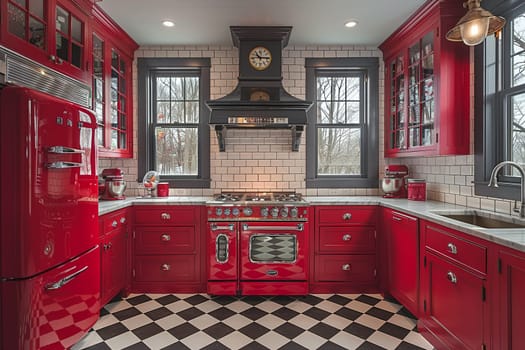 Vintage diner-inspired kitchen with checkered floors and retro appliances
