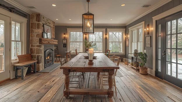 Warm and inviting dining room with a rustic farmhouse table and candle chandelier