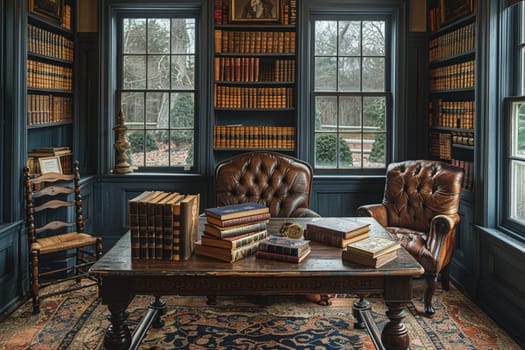 Vintage-inspired study with leather-bound books and a classic writing desk