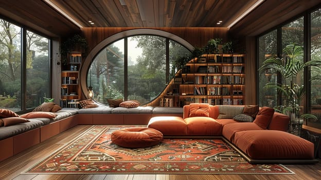 Warm-toned library with built-in bookshelves and a cozy reading nook