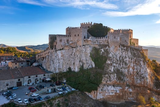 Aerial view of impressive Norman castle and surrounding countryside. Caccamo, Sicily, Italy. 