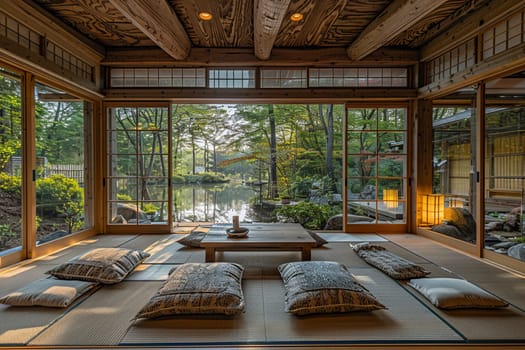 Zen meditation room with tatami mats, a low table, and serene artwork