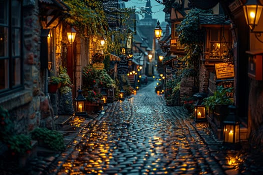 Lantern-lit Alleyway in a Historic European Town, The light blurs with the bricks, guiding steps through history.