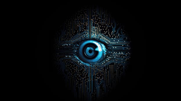 Technological eye with circuit board patterns. Cyber security and artificial intelligence theme. Design for digital identity, futuristic technology. Close up of eye surrounded with microchip. AIG35.