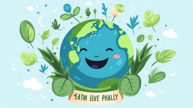 Cartoon image of a happy earth character surrounded by vegetables or plant in flower pot and fluffy clouds on a blue background. Green environment and growing sustainability or clean energy. AIG35.