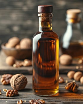 Walnut Oil and Whole Walnuts on Table. Selective focus.