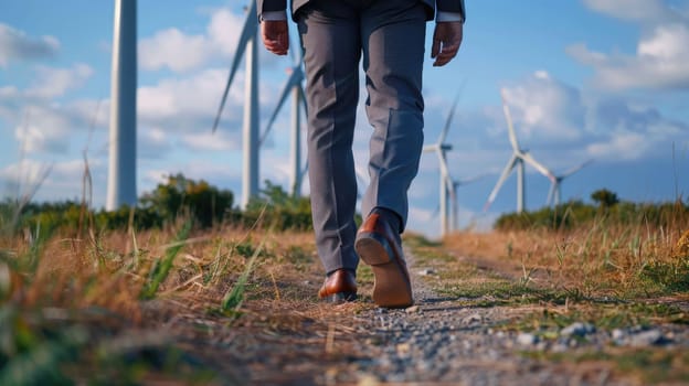 The picture of the person is working as business person walking to work near a grass and windmill, the businessman require skill like management, negotiation, marketing and the communication. AIG43.