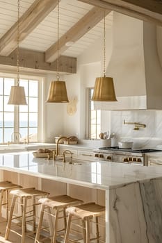 A kitchen in a house with a large island made of wood, stools, and a stove. The interior design includes window, flooring, and table