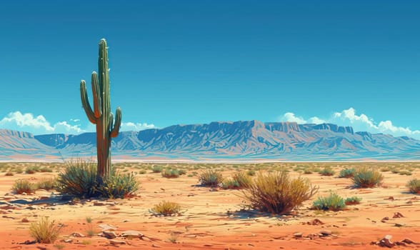 Desert Scene With Cactus and Mountains. Selective focus.