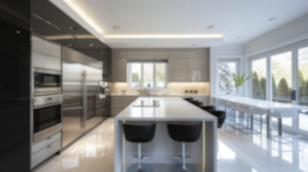A deliberately blurred image showcasing a spacious, modern kitchen interior, ideal for background use or design mockups. Resplendent.