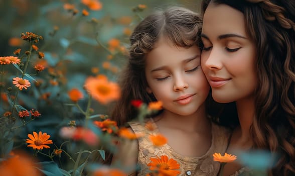 Woman Holding Child in Flower Field. Selective focus.