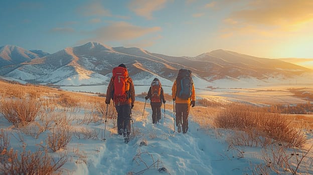 Mountaineers ascending a snowy slope in a stark white winter landscape, AI generated