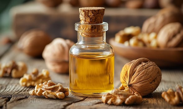 Walnut Oil and Whole Walnuts on Table. Selective focus.
