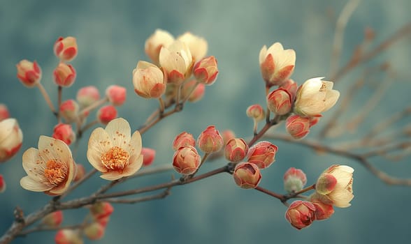 Branch with flowers on a blue background. Selective focus.