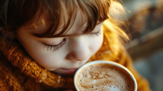 A happy toddler is joyfully smelling a cup of warm coffee, her tiny nose wrinkled in delight at the delicious aroma of the ingredients in the cuisine AIG50