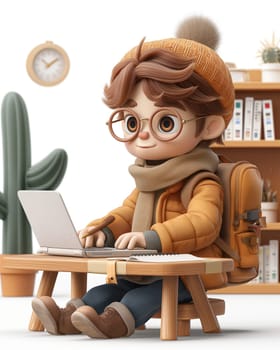 Cartoon, 3D, a boy works on a laptop at a table. Selective soft focus.