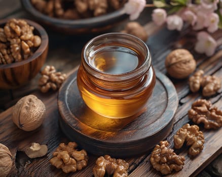 Walnut Oil and Whole Walnuts on Table. Selective focus.