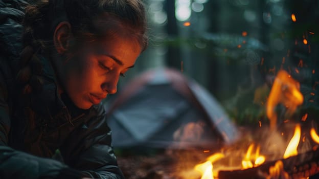A fictional character, a woman, is having fun lighting an electric blue fire in the dark woods at night, creating warmth and light amidst the darkness AIG50