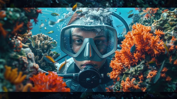 The picture of the diver is diving in the sea or ocean and wearing goggles and snorkel, the diver require skills like knowledge of the diving equipment and gear, buoyancy control and training. AIG43.