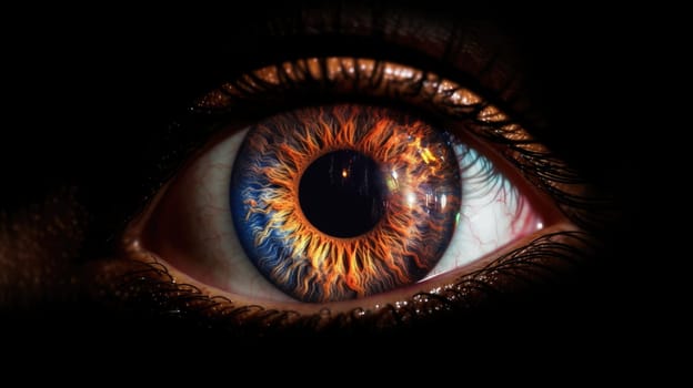 Close up of wide open human eye with galaxy reflection and glowing starry sky. Macrography of woman looking at camera confidently. Focus on eyes. Focus on eyes. Concept of vision and beauty. AIG35.
