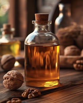 Walnut Oil and Whole Walnuts on Table. Selective focus.