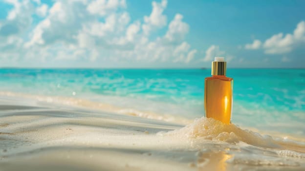 A bottle of perfume rests on the sandy beach as the sun sets over the tranquil water, casting a dreamy light on the fluid horizon and painting the sky with soft clouds AIG50