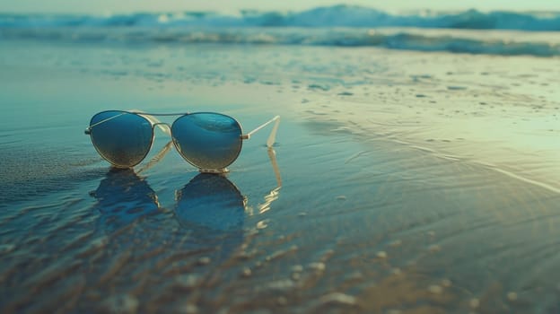 A pair of eyewear rests on a sandy beach by the ocean, surrounded by water and marine biology. The wind waves gently as beachgoers enjoy leisurely activities nearby AIG50