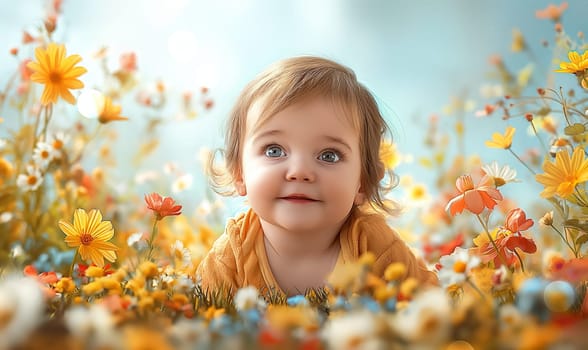 Toddler Among Blooming Flowers. Selective focus.